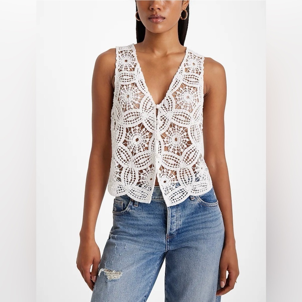 Express White Crochet V Neck Button Up Vest